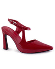 vista diagonal de zapatillas rojas destalonadas con punta fina correa ajustable y tacón medio 10 cm para dama 