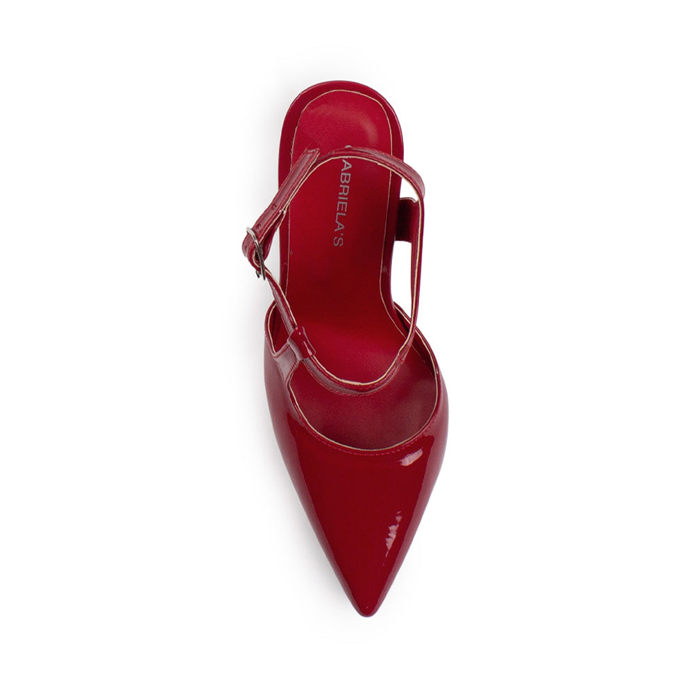vista superior de zapatillas rojas para dama con punta fina y correa ajustable tacón medio 10 cm 