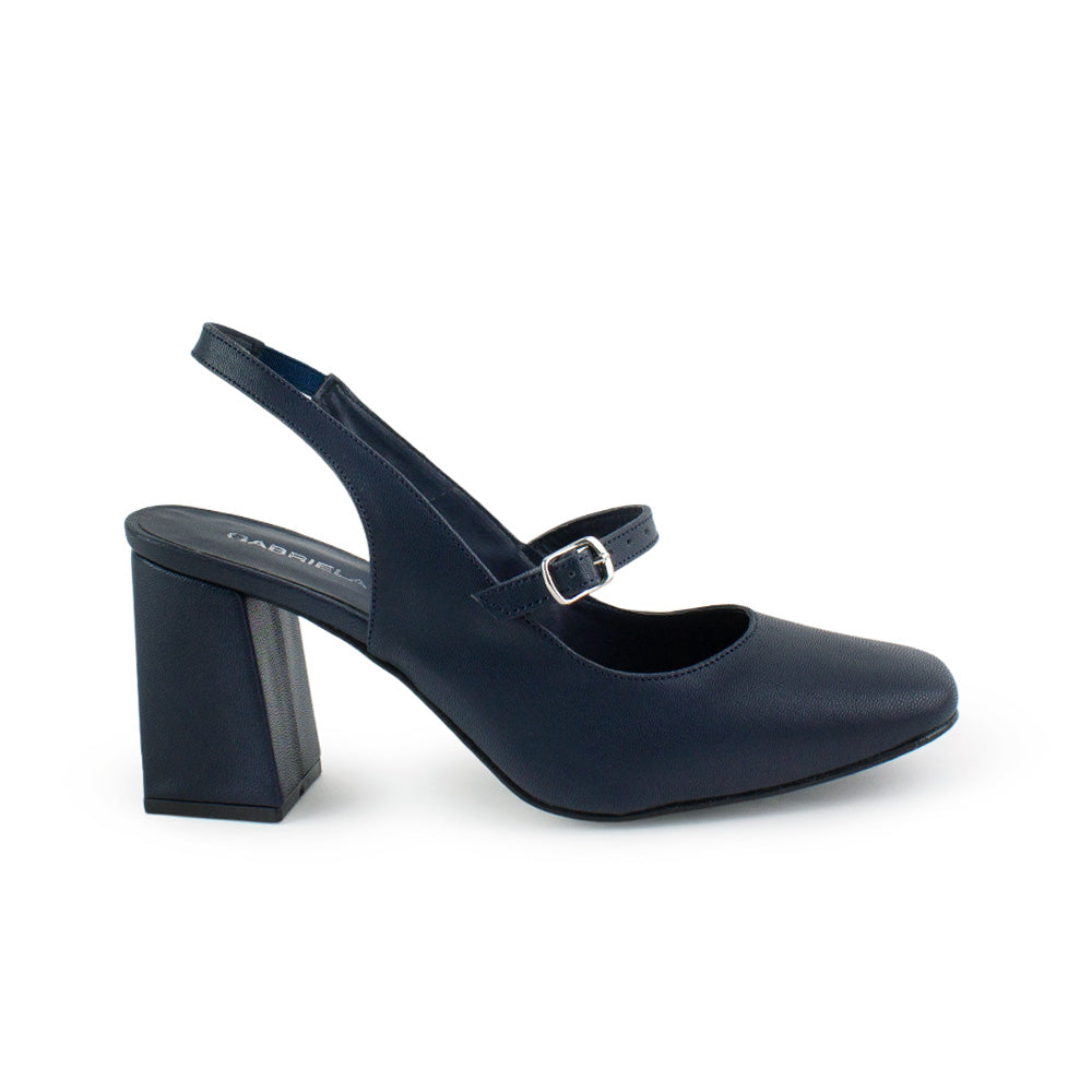 vista lateral de zapatillas azul marino  con correa ajustable y tacón medio 8cm para dama 