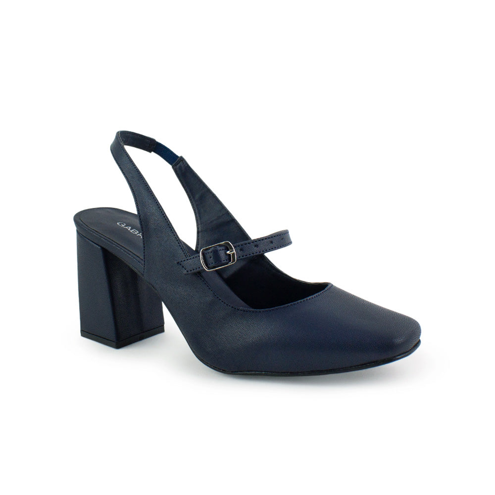 vista diagonal de zapatillas azul marino para dama destalonadas y tacón medio 8cm 