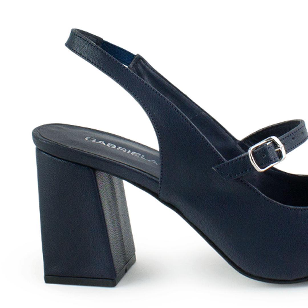 vista trasera del tacón medio 8cm de las zapatillas azul marino para dama  con correa ajustable 