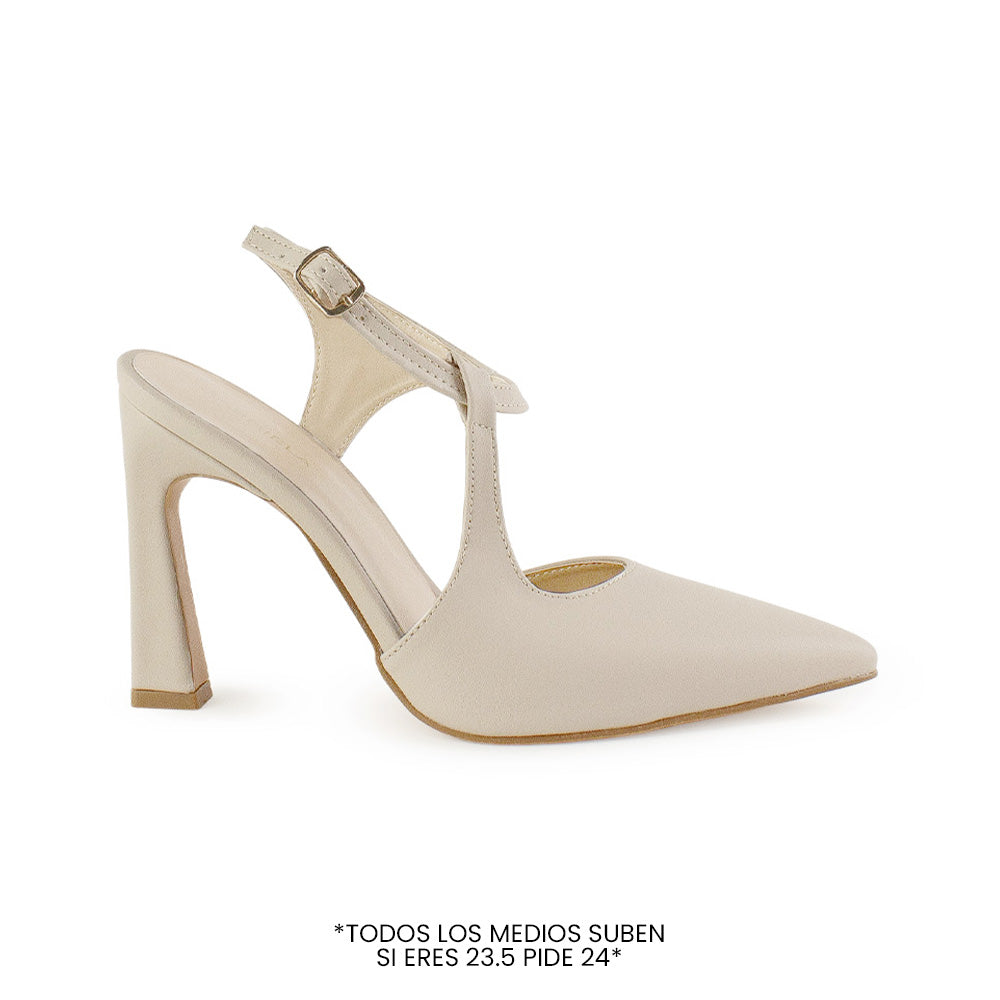 vista lateral de zapatillas beige punta fina destalonadas con tacón medio 11 cm y correa ajustable para dama 
