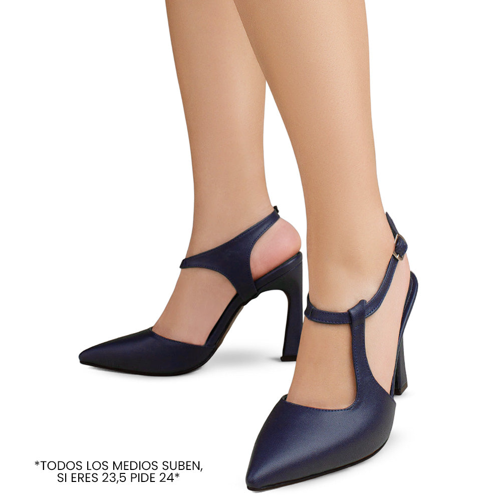 zapatillas azules para dama con punta fina destalonadas correa ajustable y tacón medio 11 cm 