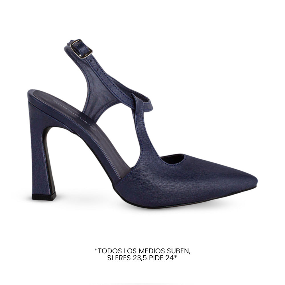 vista lateral de zapatillas azules punta fina destalonadas con tacón medio 11 cm y correa ajustable para dama 