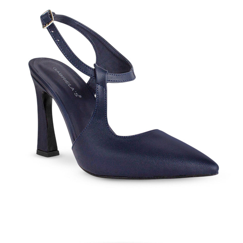 vista diagonal de zapatillas azules destalonadas con punta fina correa ajustable y tacón medio 11 cm para dama 