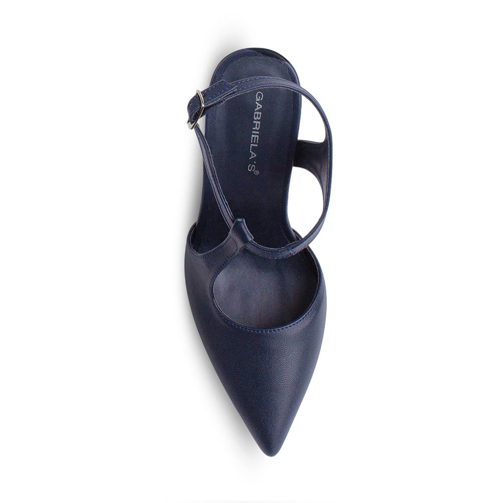 vista superior de zapatillas azules para dama con punta fina y correa ajustable tacón medio 11 cm 
