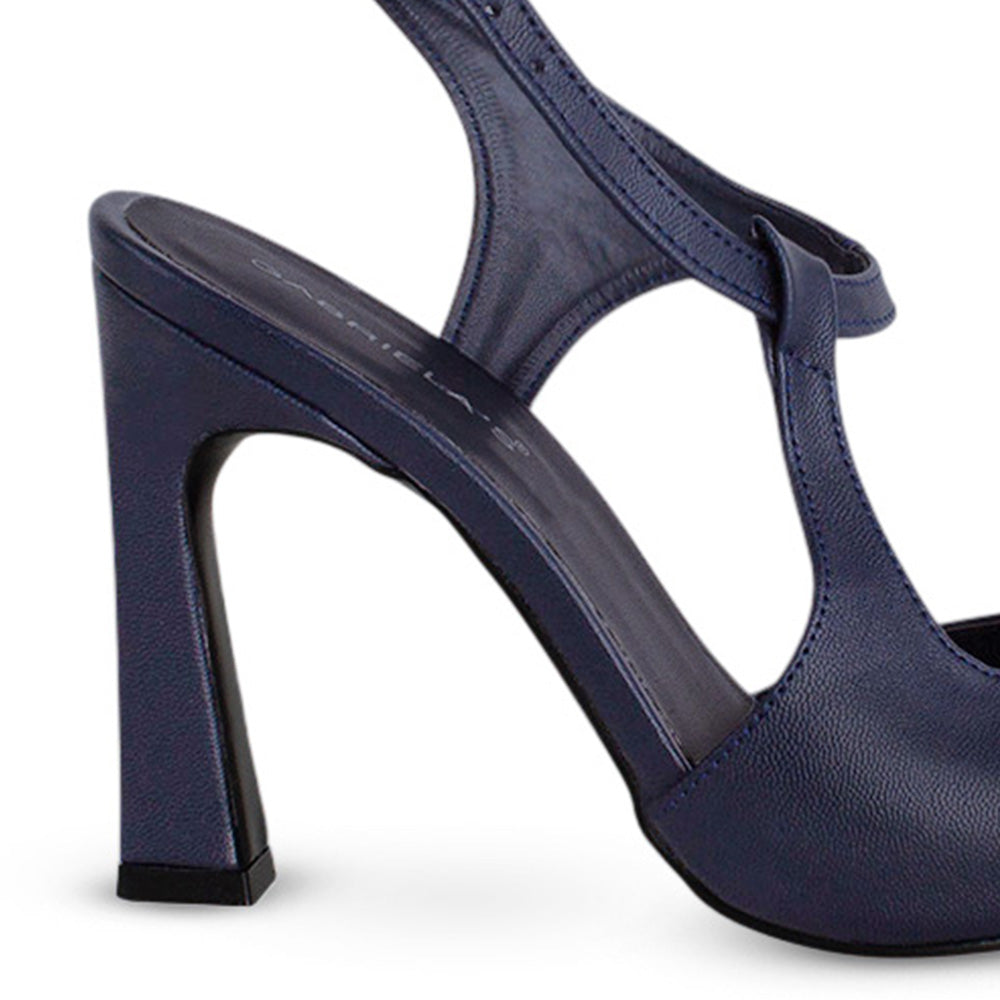 vista trasera del tacón medio 11 cm en zapatillas azules para dama con correa ajustable destalonadas 