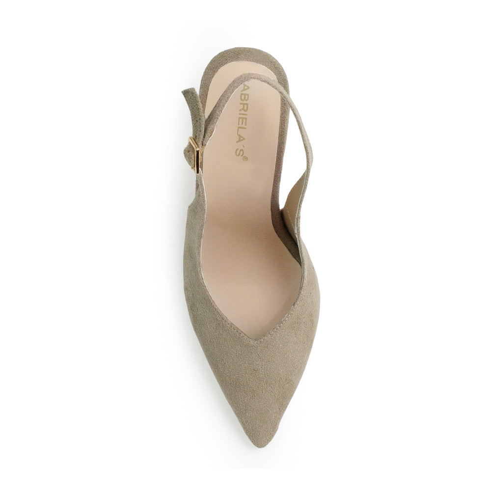 Vista superior de zapatilla café para mujer con punta fina cerrada y de diseño destalonado
