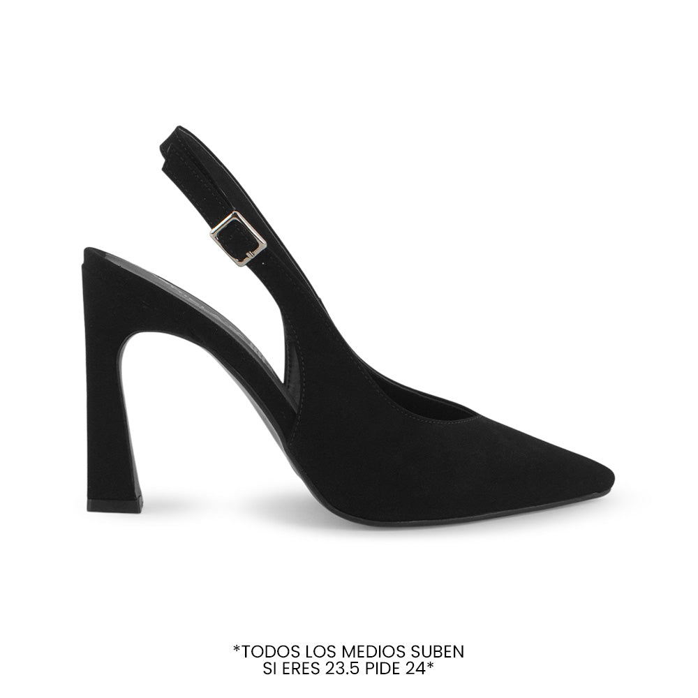 Vista lateral de zapatilla negra destalonada para mujer con tacón alto de 11cm y punta fina cerrada 