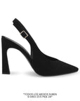 Vista lateral de zapatilla negra destalonada para mujer con tacón alto de 11cm y punta fina cerrada 