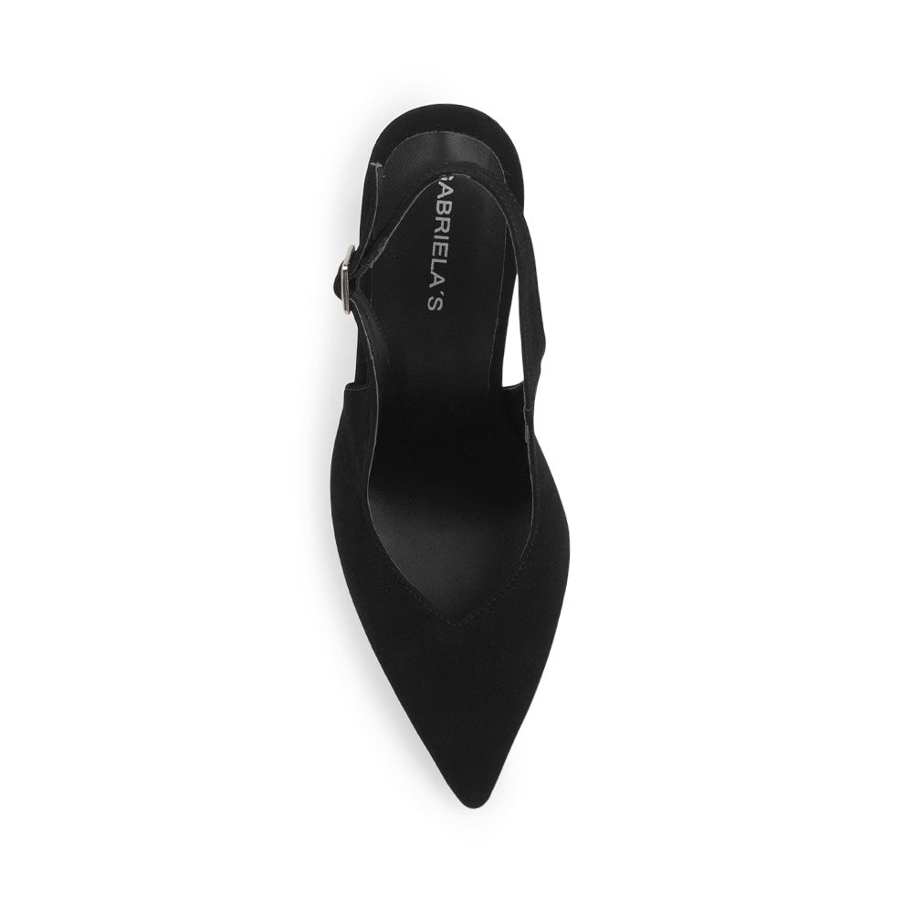 Vista superior de zapatilla negra para mujer con punta fina cerrada y de diseño destalonado