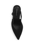 Vista superior de zapatilla negra para mujer con punta fina cerrada y de diseño destalonado