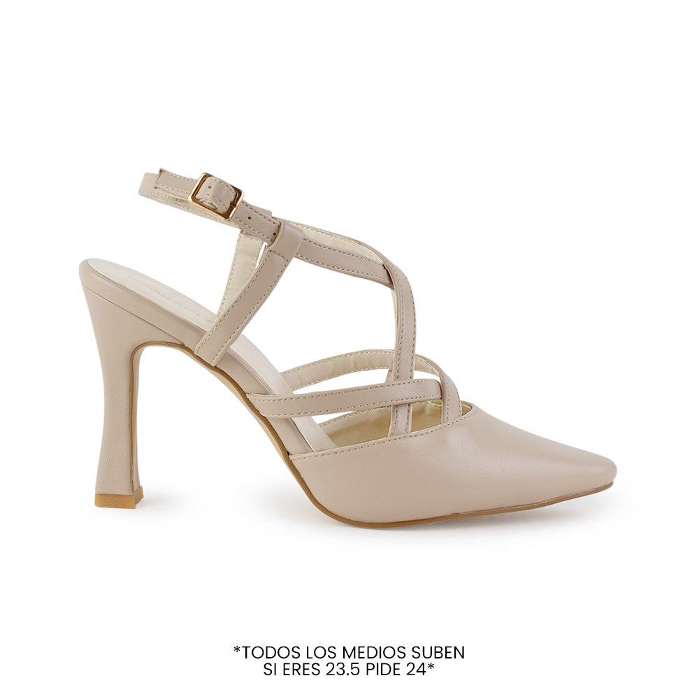 Zapatilla nude para dama tipo stiletto con tiras cruzadas al frente y tacón medio 10 cm 