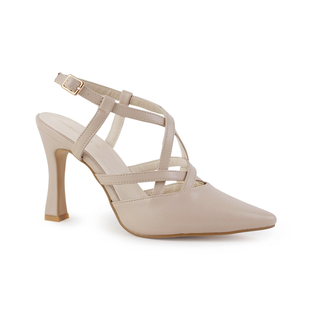 Vista diagonal de la zapatilla nude tipo stiletto para dama con tiras cruzadas al frente y tacón medio 10 cm 