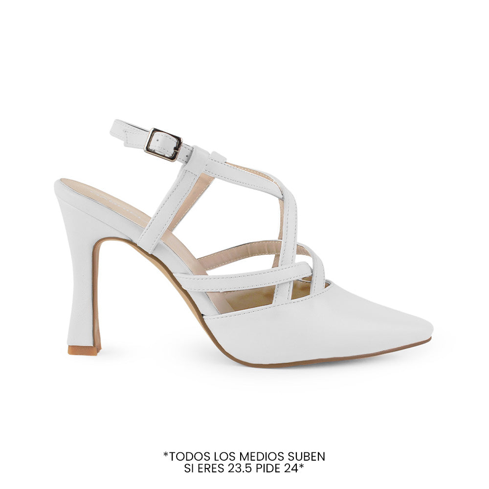Zapatilla blanca para dama tipo stiletto con tiras cruzadas al frente y tacón medio 10 cm 