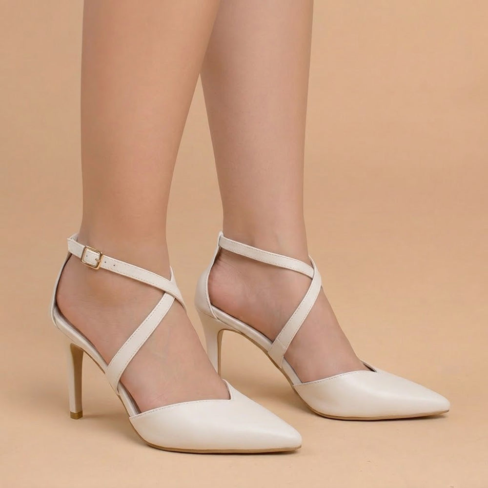 Zapatillas beige para mujer tipo stiletto con punta fina cerrada, tacón delgado de 10cm y correas cruzadas 
