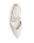 Vista superior de zapatilla beige para mujer tipo stiletto con punta fina cerrada y correas cruzadas