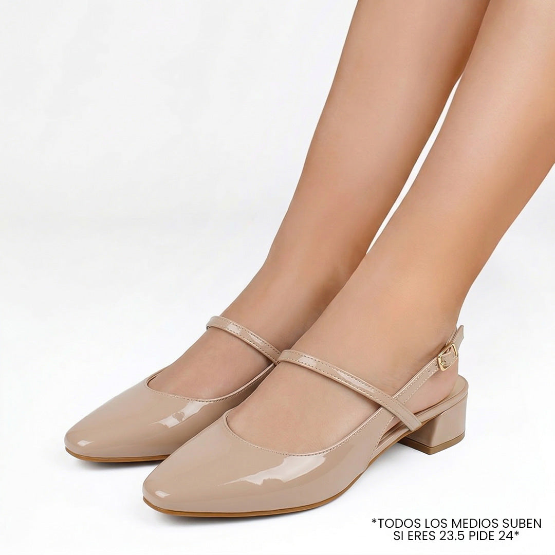 Zapatillas nude destalonadas para mujer con punta cerrada y tacón bajo cuadrado de 4cm