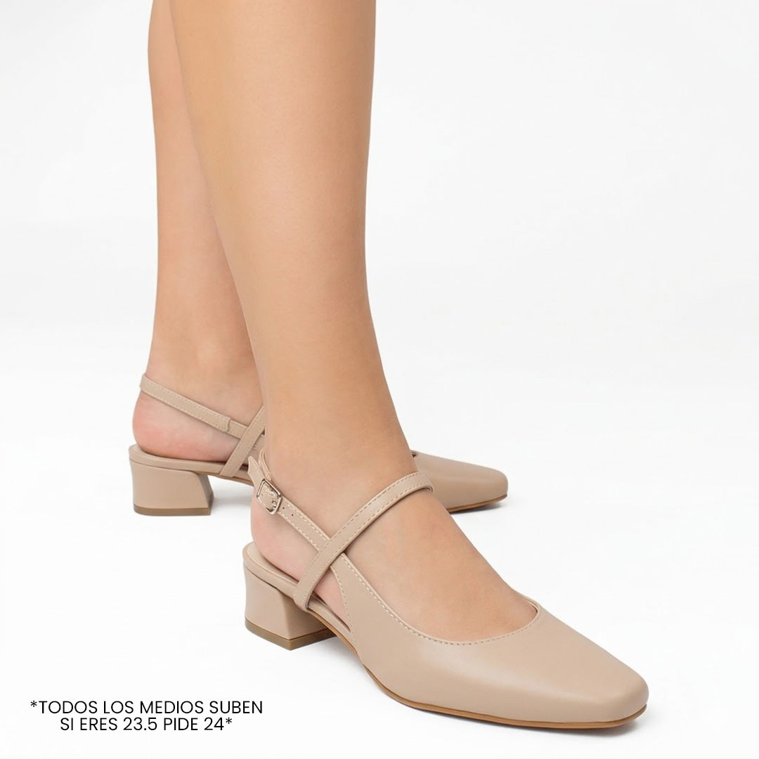 Zapatillas nude destalonadas para mujer con punta cerrada y tacón bajo cuadrado de 4cm