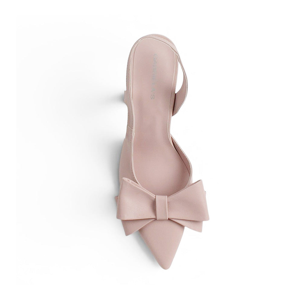 Vista superior de zapatilla rosa para dama tipo stiletto con moño al frente y tacón medio 8cm