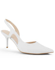 Vista diagonal de zapatilla blanca tipo stiletto para dama destalonada con tacón medio 8cm 