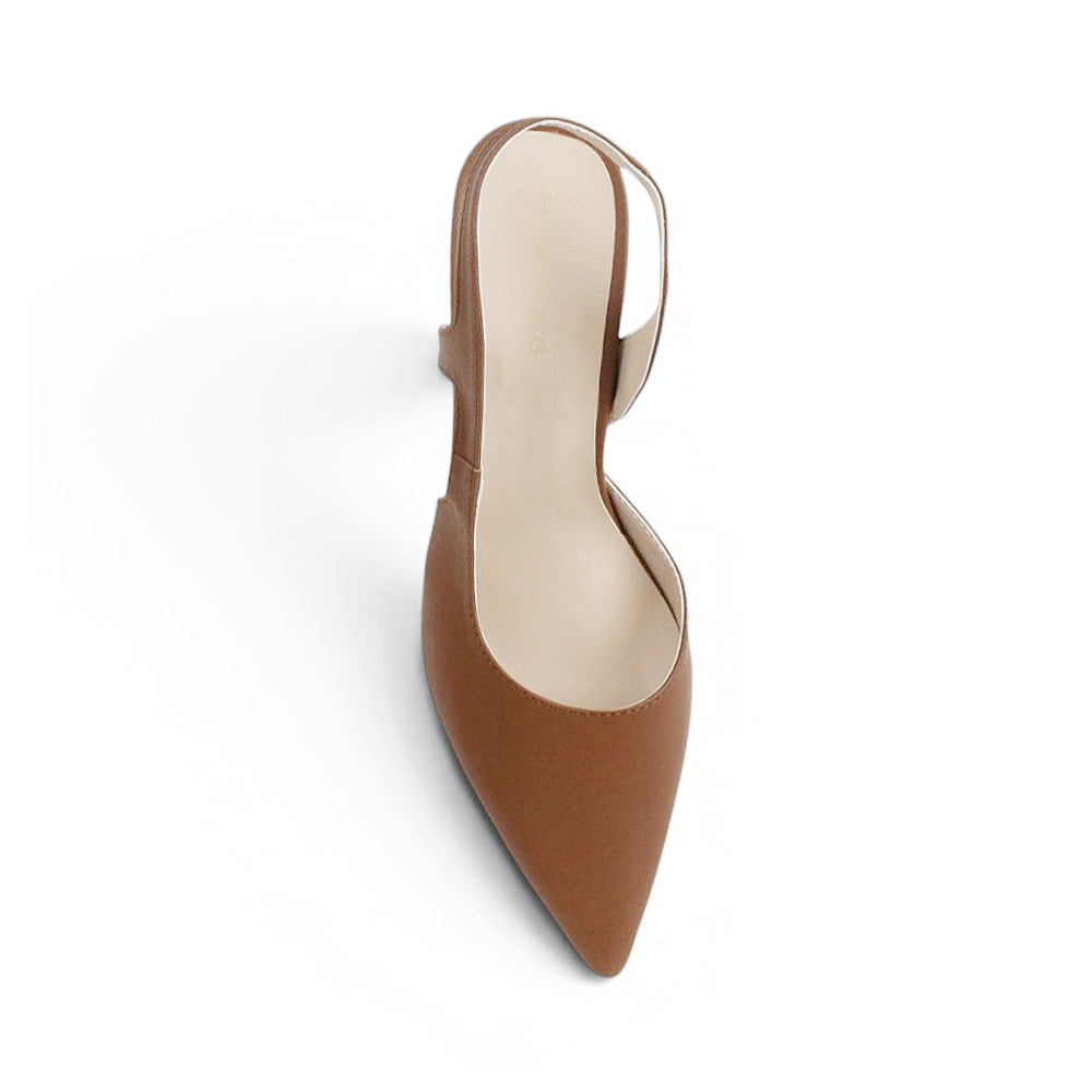 Vista superior de zapatilla café destalonada tipo stiletto con tacón medio 8cm para dama 