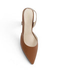 Vista superior de zapatilla café destalonada tipo stiletto con tacón medio 8cm para dama 