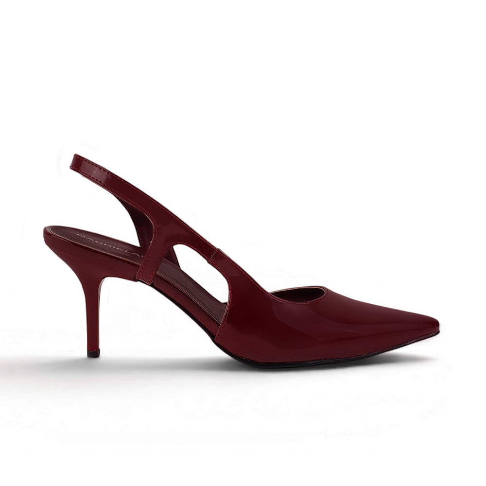 Vista lateral de la zapatilla vino para dama tipo stiletto con tacón medio 8cm y destalonadas 