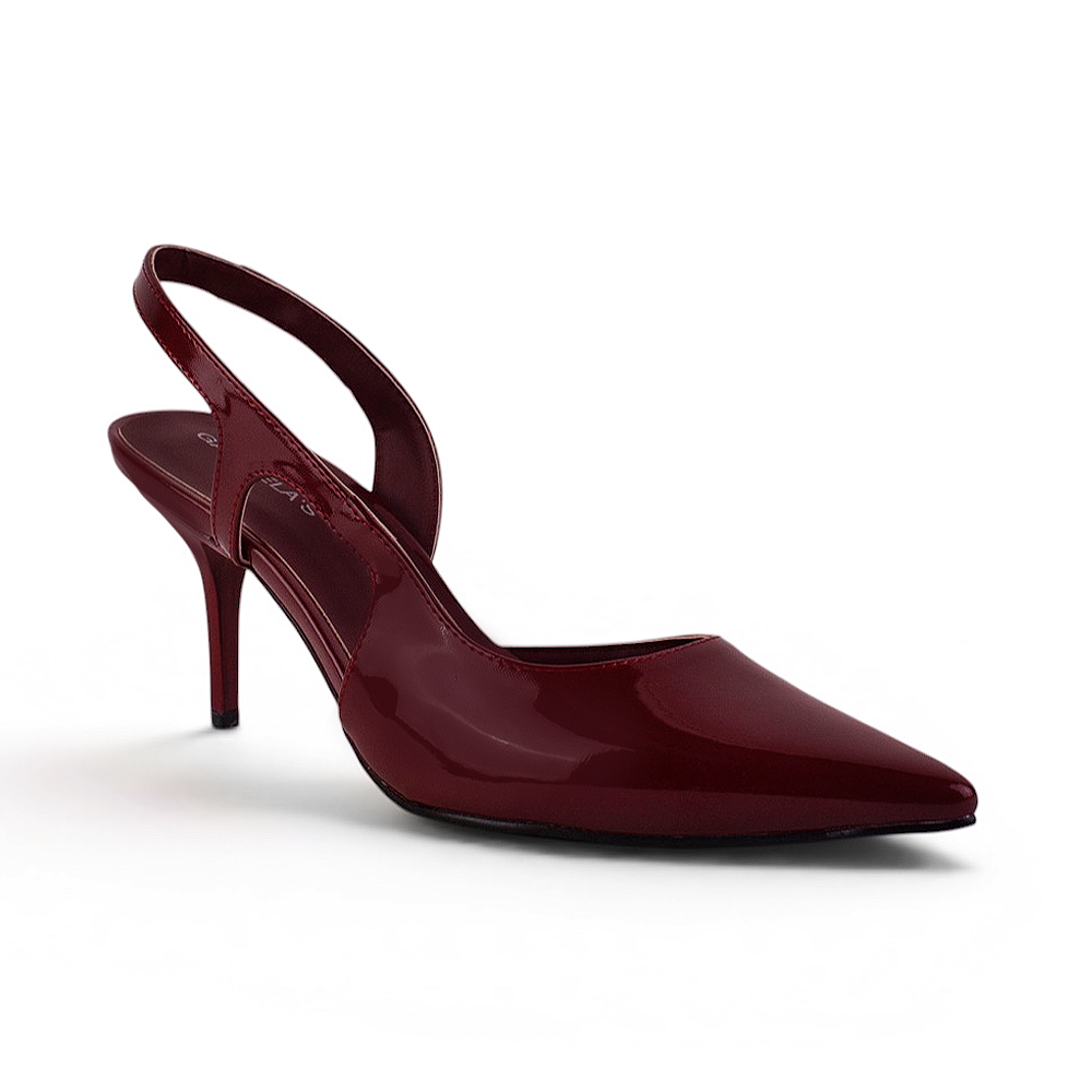 Vista diagonal de zapatilla vino tipo stiletto para dama destalonada con tacón medio 8cm 