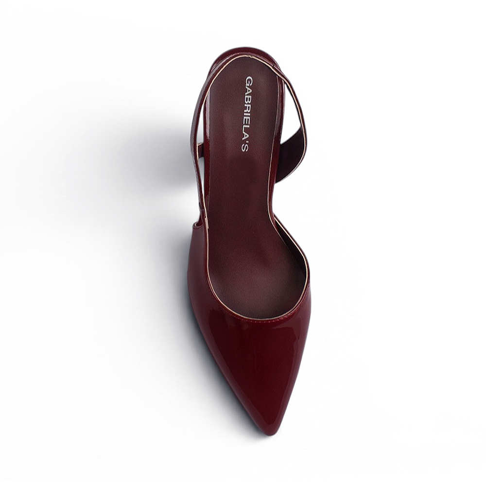 Vista superior de zapatilla vino destalonada tipo stiletto con tacón medio 8cm para dama 