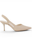 Vista lateral de la zapatilla beige para dama tipo stiletto con tacón medio 8cm y destalonadas 