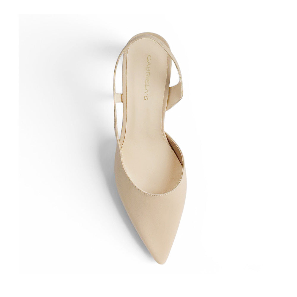 Vista superior de zapatilla beige destalonada tipo stiletto con tacón medio 8cm para dama 