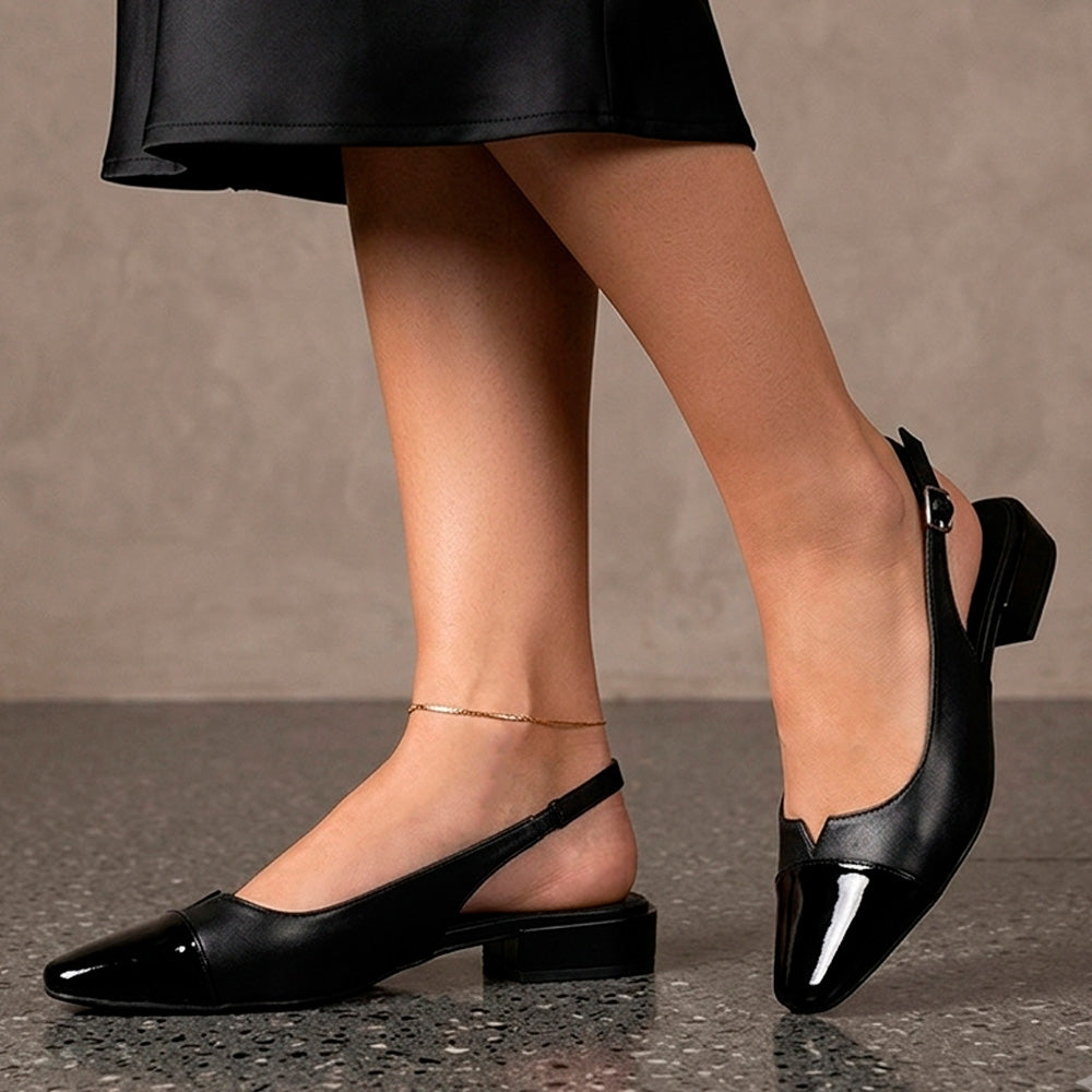 zapatillas negras con charol y tacón cómodo de 3 cm para dama 