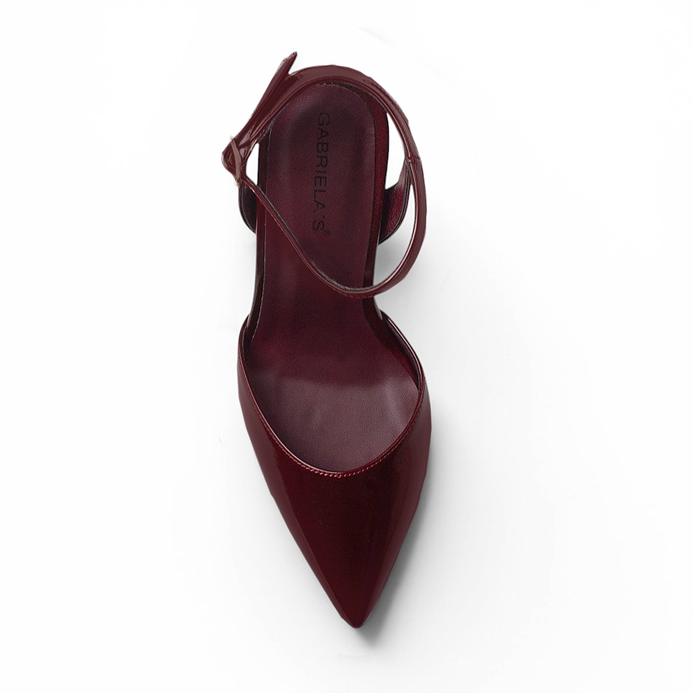 vista superior de zapatillas vino para dama de charol con punta fina y ajuste al tobillo tacón medio 10 cm