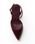 vista superior de zapatillas vino para dama de charol con punta fina y ajuste al tobillo tacón medio 10 cm