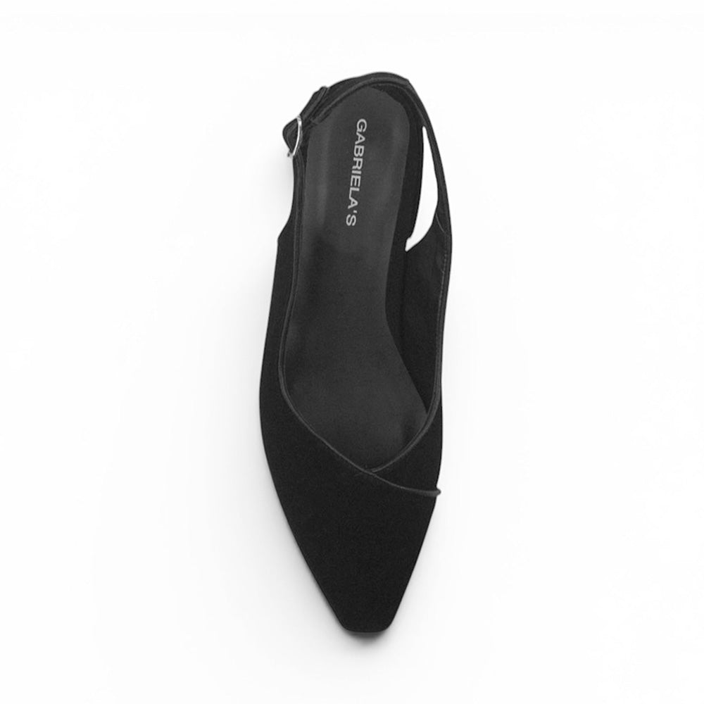 vista superior en zapatillas negras de tacón bajo 3cm destalonadas para dama 