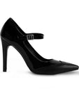 Vista lateral de zapatilla negra con pulsera y tacón delgado de 10cm.