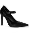 Vista diagonal de zapatilla negra con tacón delgado de 10cm y pulsera para mujer