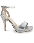 vista lateral de zapatillas plata de dama con plataforma pulsera ajustable al tobillo y tacón medio 8cm 