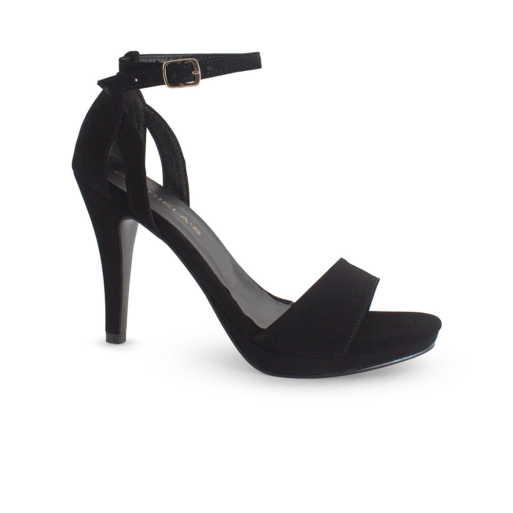 vista lateral de zapatillas negras de dama con plataforma pulsera ajustable al tobillo y tacón medio 8cm 