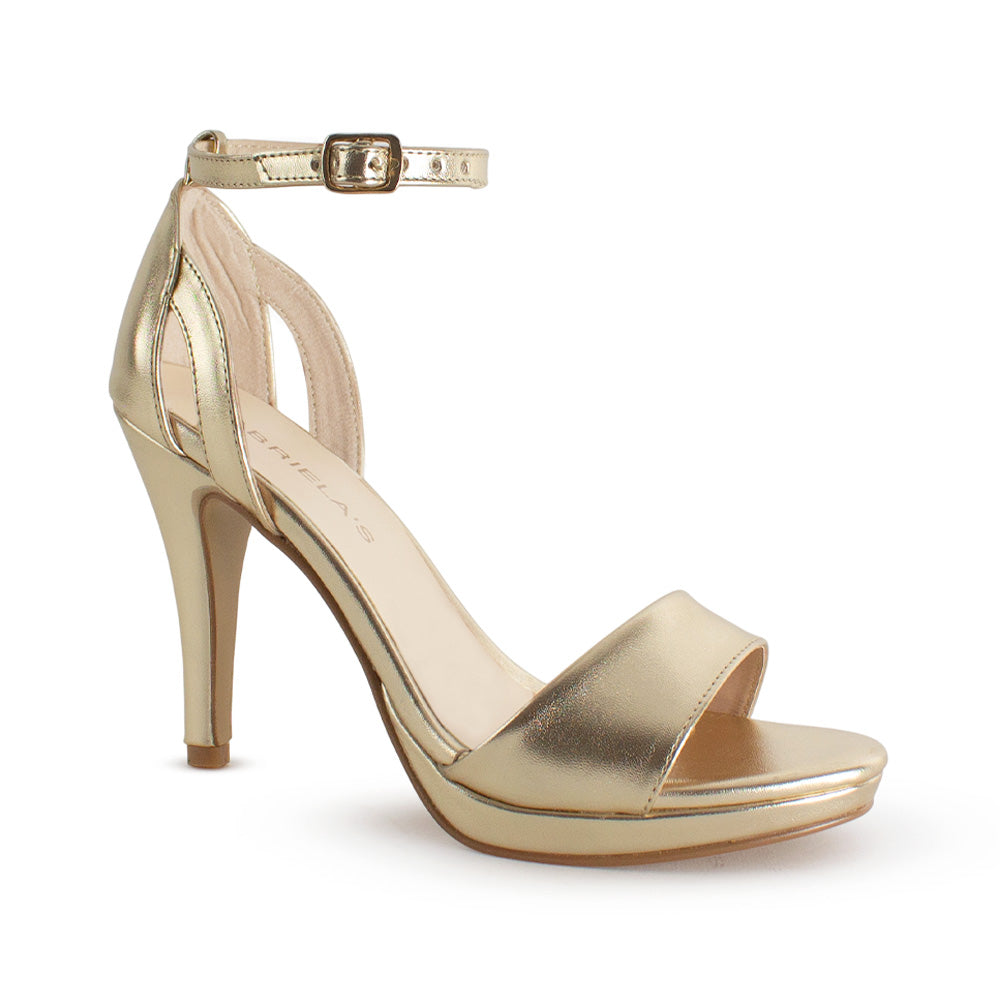 vista diagonal de zapatillas oro para dama con plataforma y tacón medio 8 cm para dama 