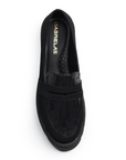 Vista superior de mocasín negro de meter para mujer con costura, tira frontal tipo antifaz y tacón ancho bajo de 4cm