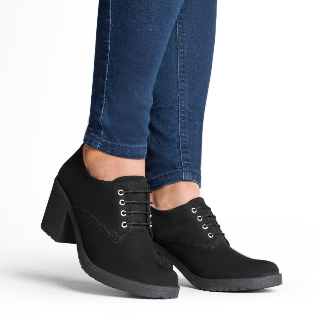 Mocasines negros para dama con cordones, plataforma y tacón grueso tamaño medio 7cm 