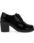 Vista lateral del mocasín negro con cordones frontales para mejor ajuste, ligera plataforma y tacón grueso tamaño medio 7cm para dama  