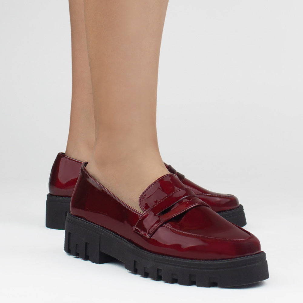 Mocasines vino tipo chunky con antifaz decorativo de tacón bajo 4cm para dama 