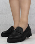 Mocasines negros tipo chunky con antifaz decorativo de tacón bajo 4cm para dama 