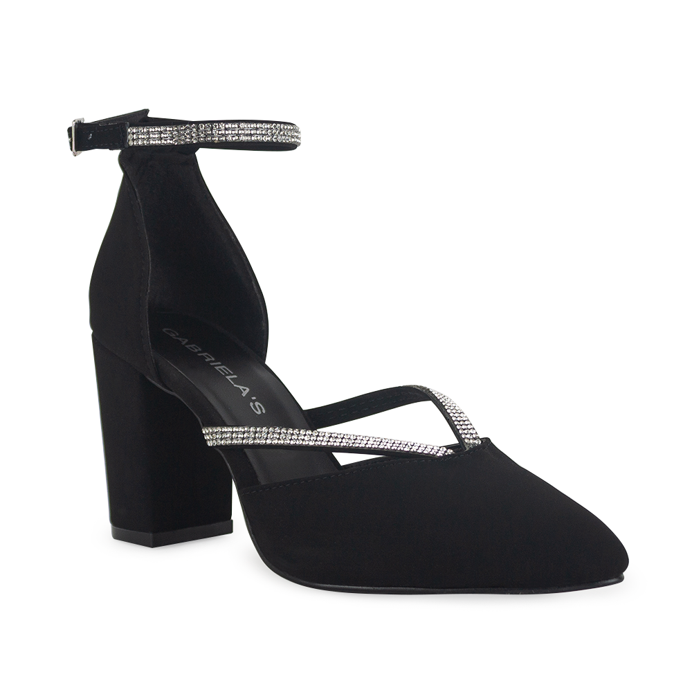 Vista lateral de zapatilla negra para mujer con pedrería y tacón de 8cm ideales para fiesta