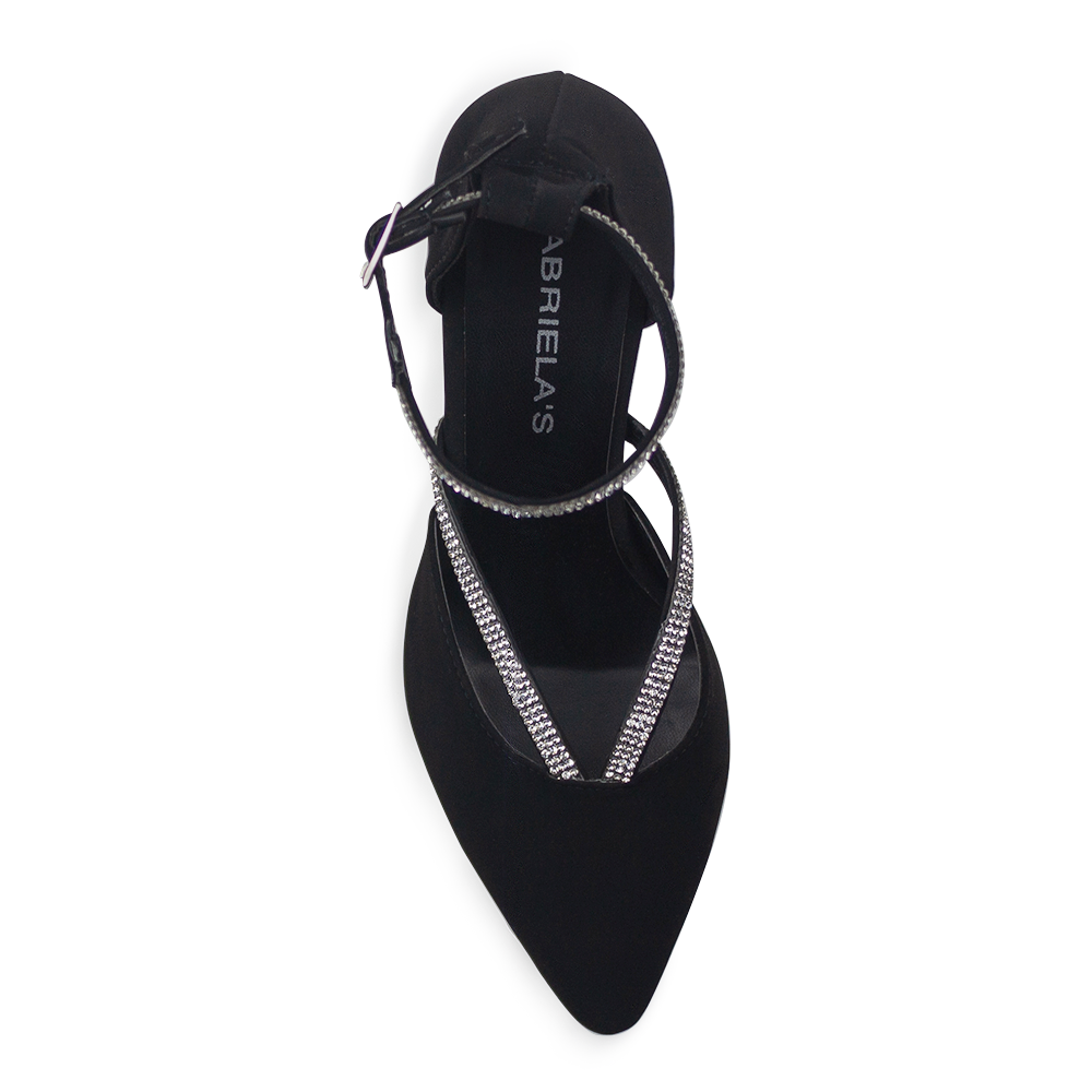 Vista superior de zapatilla negra para mujer con punta cerrada y pedrería brillante en tiras y pulsera