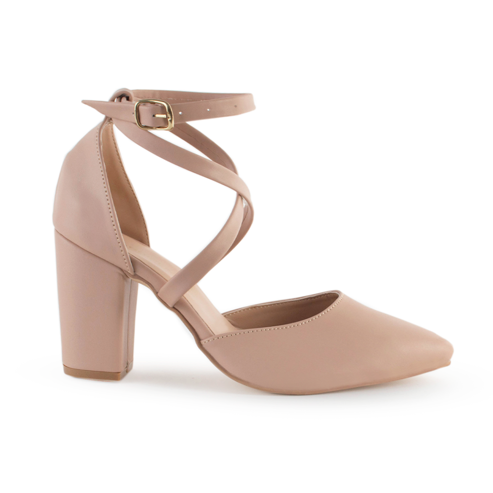 Vista lateral de zapatilla maquillaje para mujer con tiras cruzadas y tacón bloque de 8cm