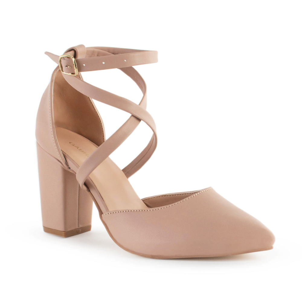 Vista diagonal de zapatilla maquillaje para mujer con tiras cruzadas y hebilla ajustable, tacón de 8cm